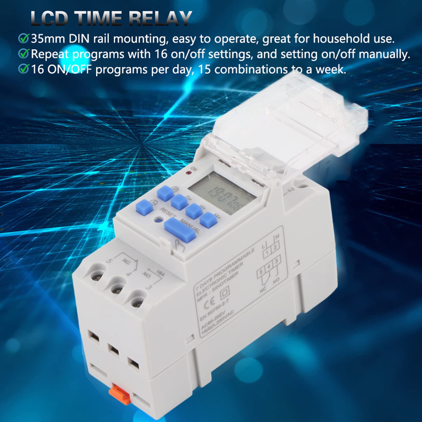 Interruttore temporizzato Digitale LCD 16A settimanale 12/24 Ore Controllo relè temporizzato programmabile, con indicatore LED for Uso Domestico Mini relè