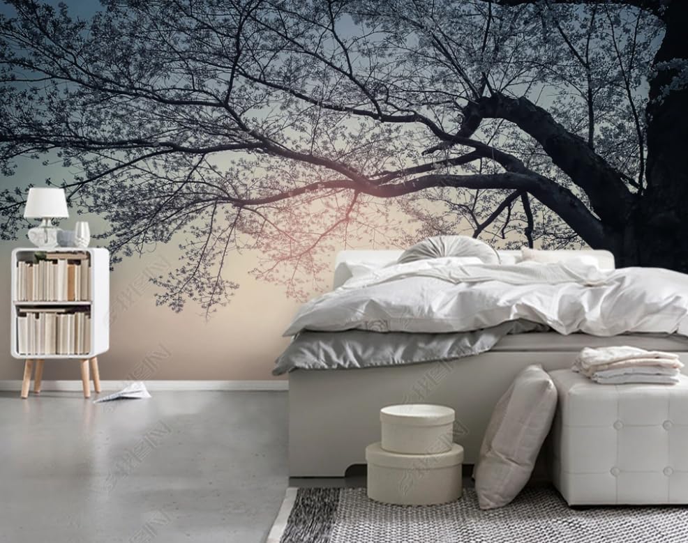 Papier peint intissé silhouette grand arbre pour camoufler un mur abîmé de salon