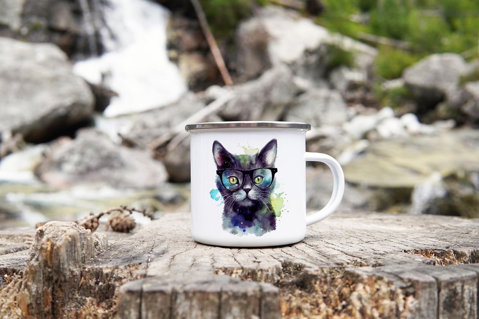 Tazza Da Campeggio Smaltata 350 Ml - Design Gatto Strega Acquerello - Vintage Per Caffè E Tè - 3