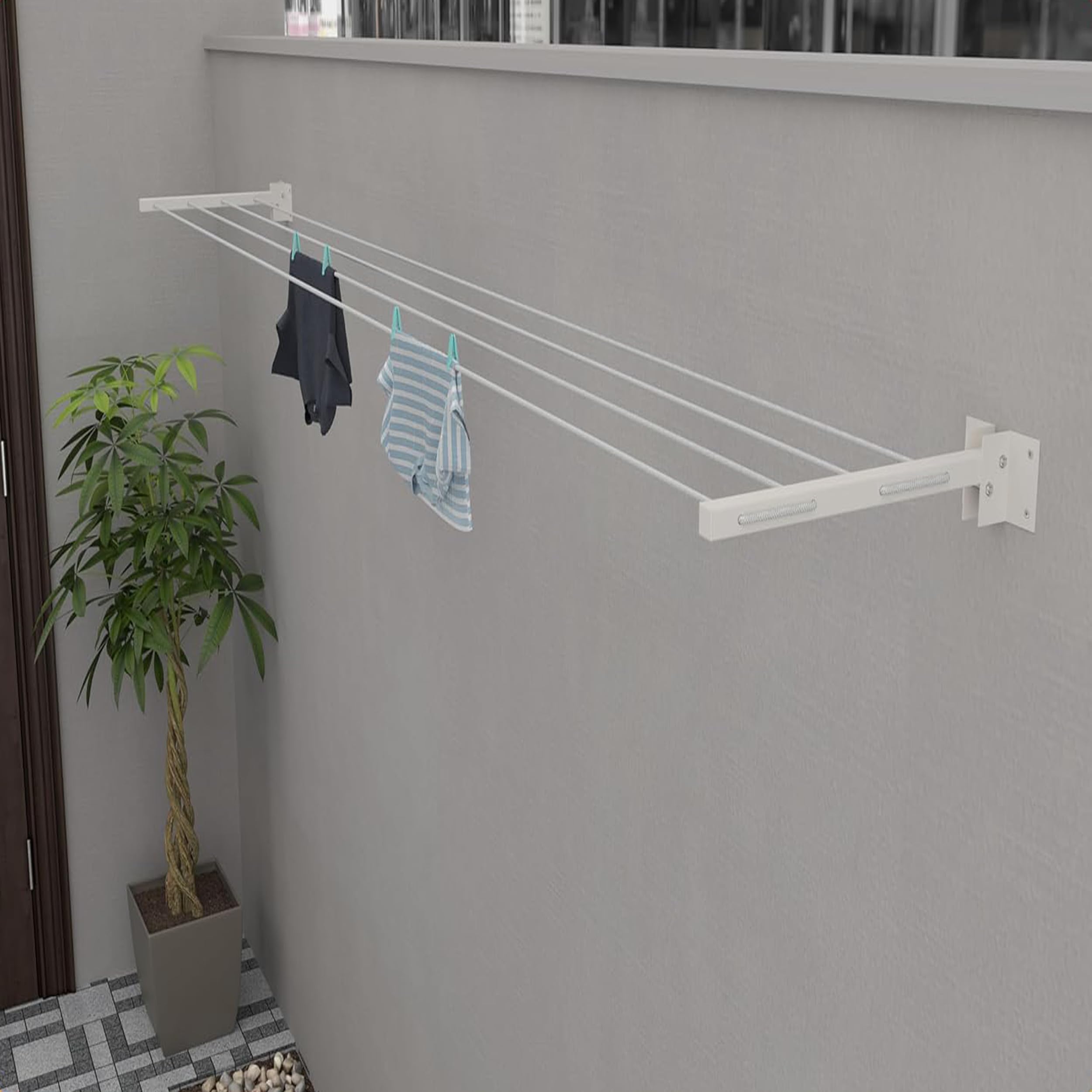 Boniry Foldable Wall Mounted Cloth Drying Stand with 40 Feet Rope and Fasteners Set for Clothes Hanger for Home, Balcony Cloth Drying Rack (Powder Coated, Metal)