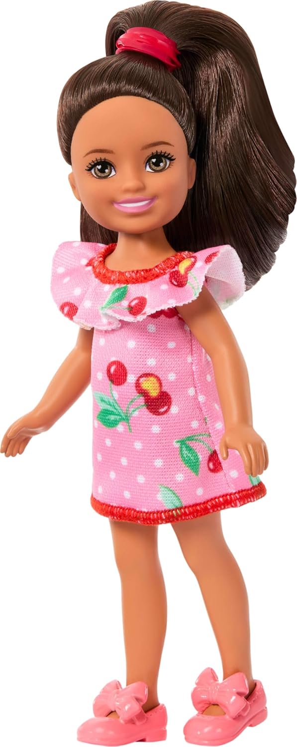 Barbie Club Chelsea Small Doll, 6-Inch Lula with Brunette Hair Wearing Removable Cherry-Print Dress & Sandals