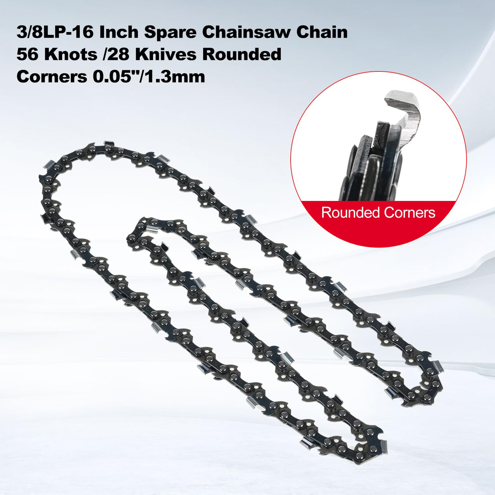 Assemblare facile catena di motoseghe di riserva 3/8LP-16 pollici (56 nodi/28 coltelli arrotondati angoli arrotondati 0,05 ''/1,3 mm) Accessorio di sostituzione della catena (3 pezzi)