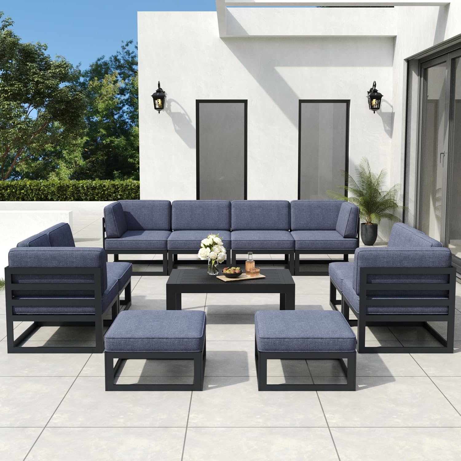 11 Pieces Aluminum Patio Furniture Set with Propane Gas 44" Fire Pit Table, Metal Outdoor Conversation Sofa Set with Seating Cushions