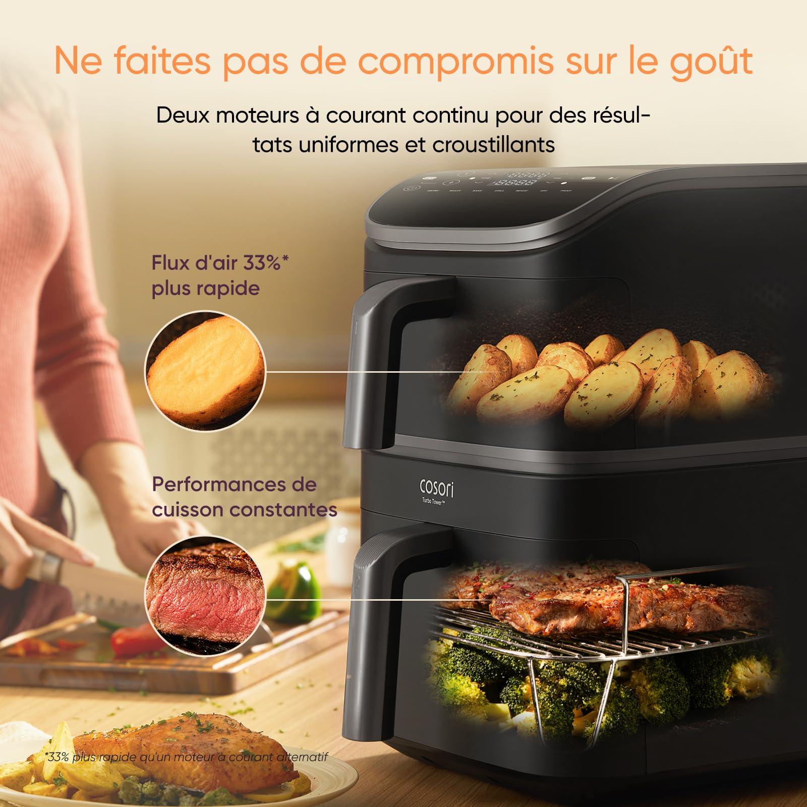 Cosori Air Fryer Turbo Tower 10,8L, 3 Niveaux Cuisson, 6-en-1 | Cuisson Homogène, Design compact, 41% Moins Large que les Double Airfryer Traditionneles, 19+ Recettes
