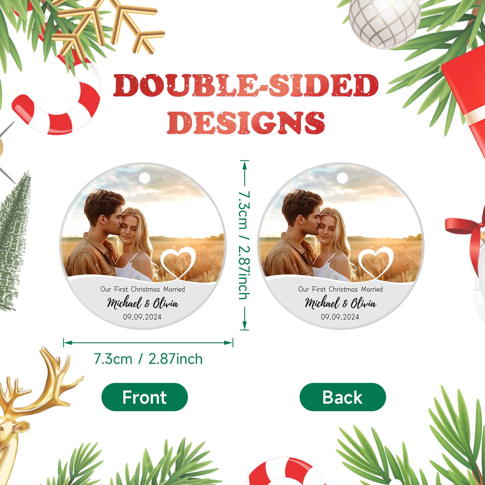 Our First Christmas Married Ornament, Personalized Engaged Ornament 2024, Customized Photo Tree Decoration Gifts for Couples Him Her