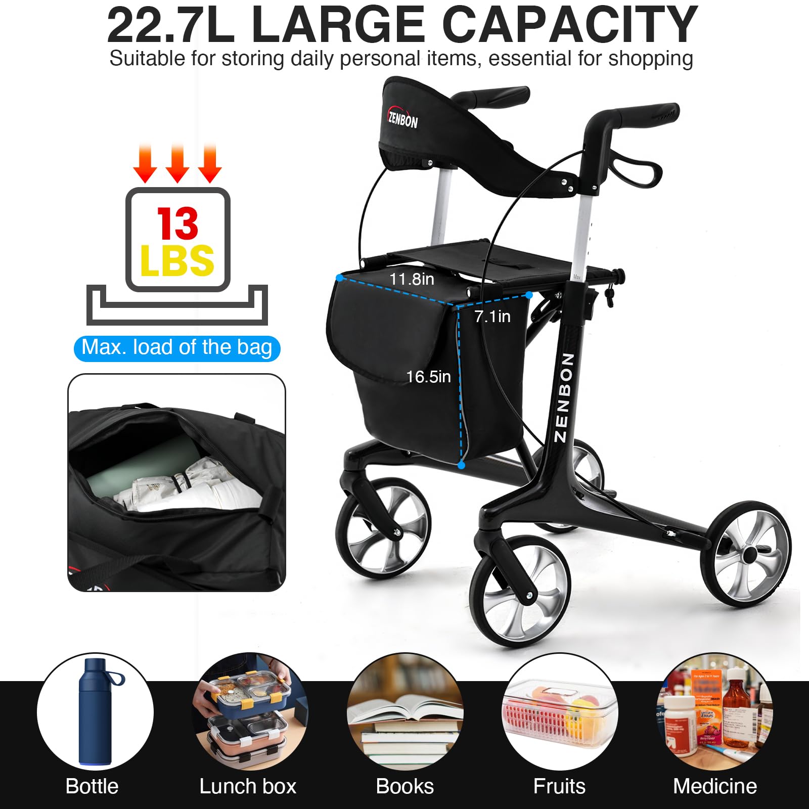 Carbon Ultralight Rollator Klappbar 5,5 kg: Rollator Faltbar und Leicht mit Sitz Wohnungsrollator Faltbarer für Senioren - Premium Gehhilfe Rollatoren für Kofferraum Reise und Flug (Schwarz)