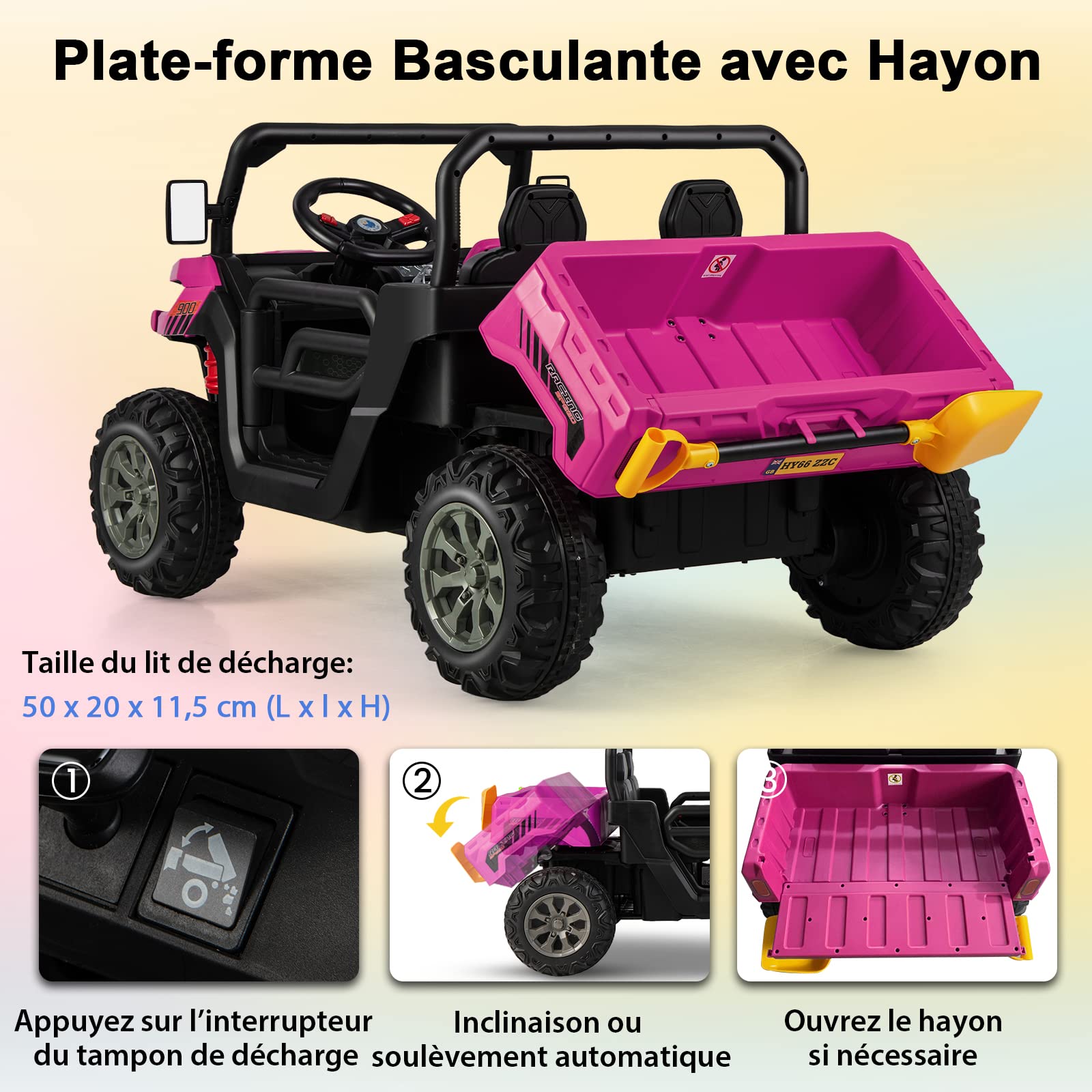 COSTWAY 12V Voiture Électrique Enfants 2 Places avec Télécommande 2,4 G & Pelle & Benne, Véhicule Électrique avec Phares LED & Musique, Vitesse 3-8 KM/H, Charge 50kg pour Enfant de 3-8 Ans