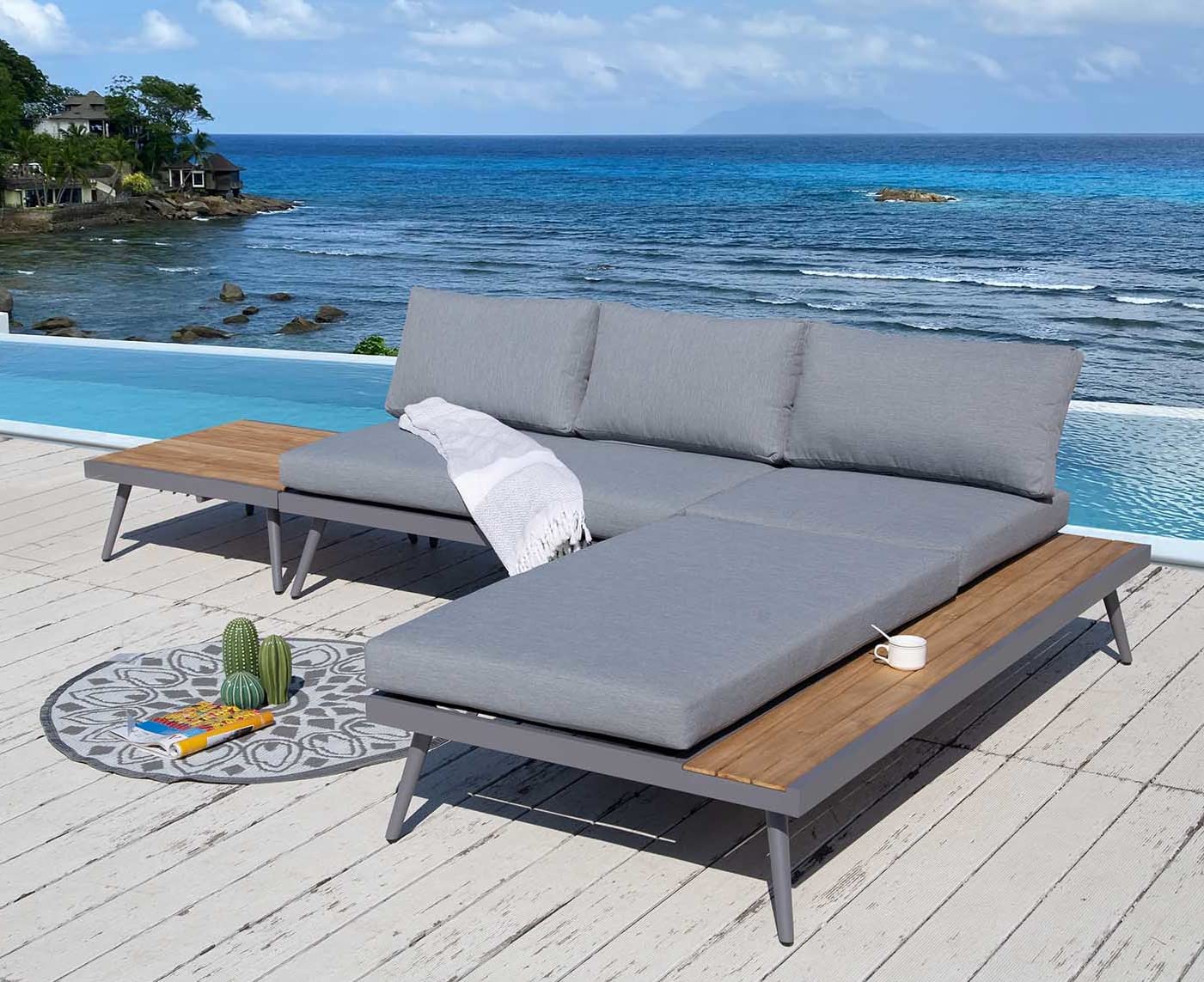 ALEOS. Gartenlounge Lounge aus Aluminium mit Massiv Holz Teak Multifunktionslounge Lounge-Set Loungegarnitur Sitzgruppe Doppelliege Sofagarnitur Barbados grau anthrazit Spunpoly Kissen