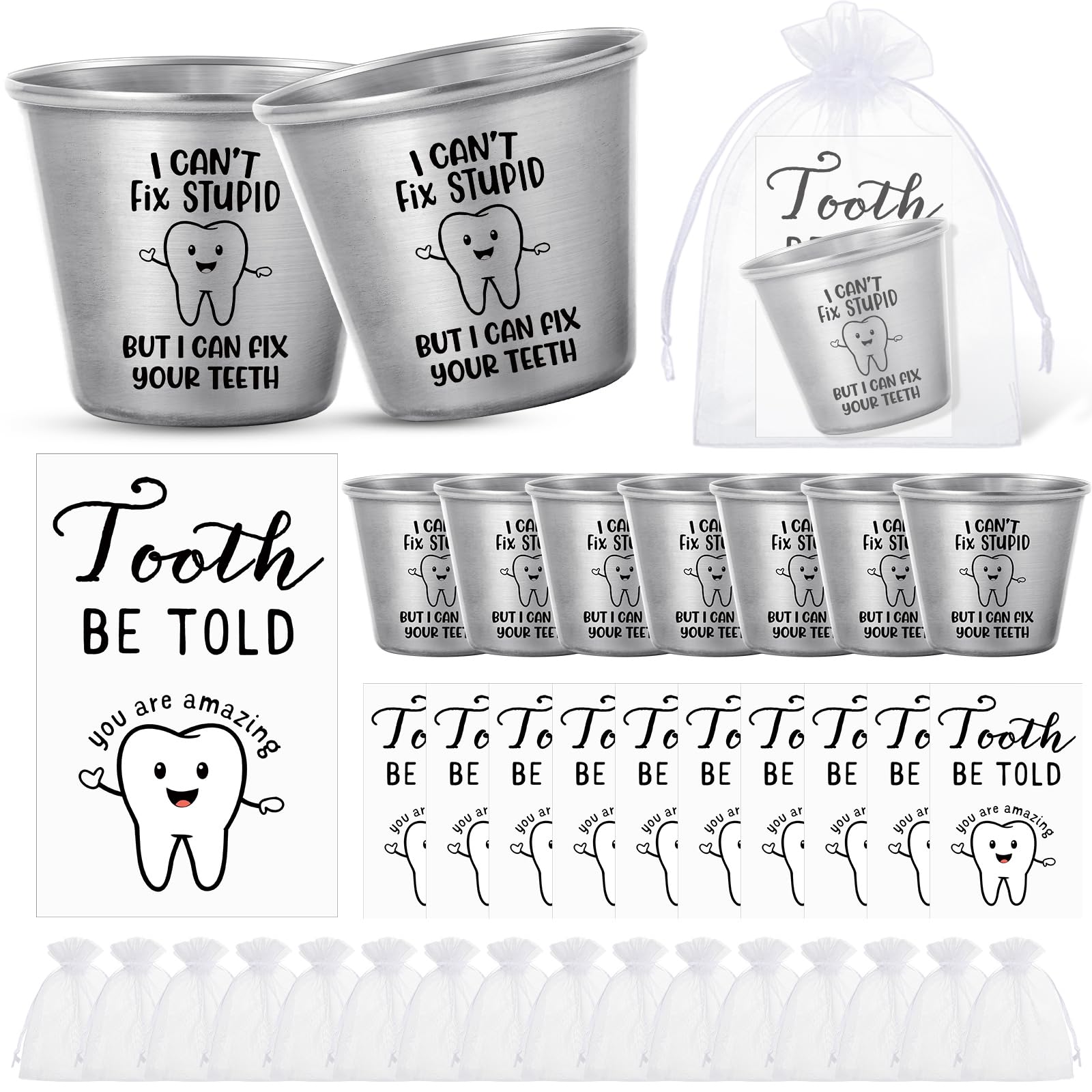 Roshtia 10 Sets Dental Assistant Gifts Bulk Graduation Orthodontic Health Staff Appreciation Funny Dentist End of School Year Tooth Shot Glasses Stainless Steel Tumbler Fix Your Teeth Cups with Cards
