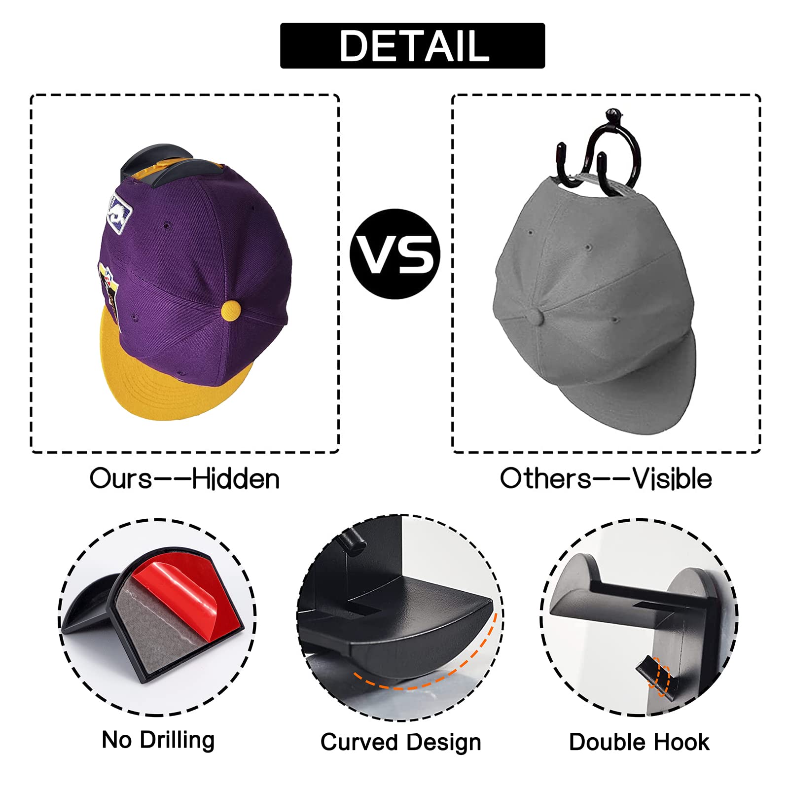 Ganci per Cappelli da Parete Senza Perforazione 12 Pezzi Ganci Appendi Cappello per Berretti da Baseball Organizzatore di Cappelli per Porta Armadio Camera da Letto