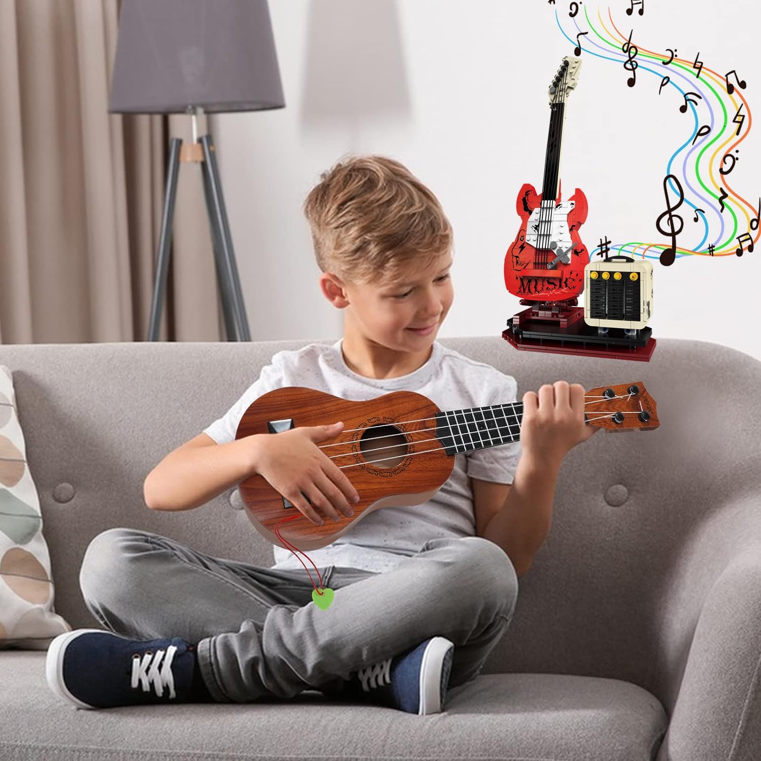 Guitar Music Interactive Building Set for Music Lovers, DIY Guitar Model Toy Compatible with Lego，Reverb Amplifier & Authentic Accessories, Perfect Way to Rock Gift Giving.