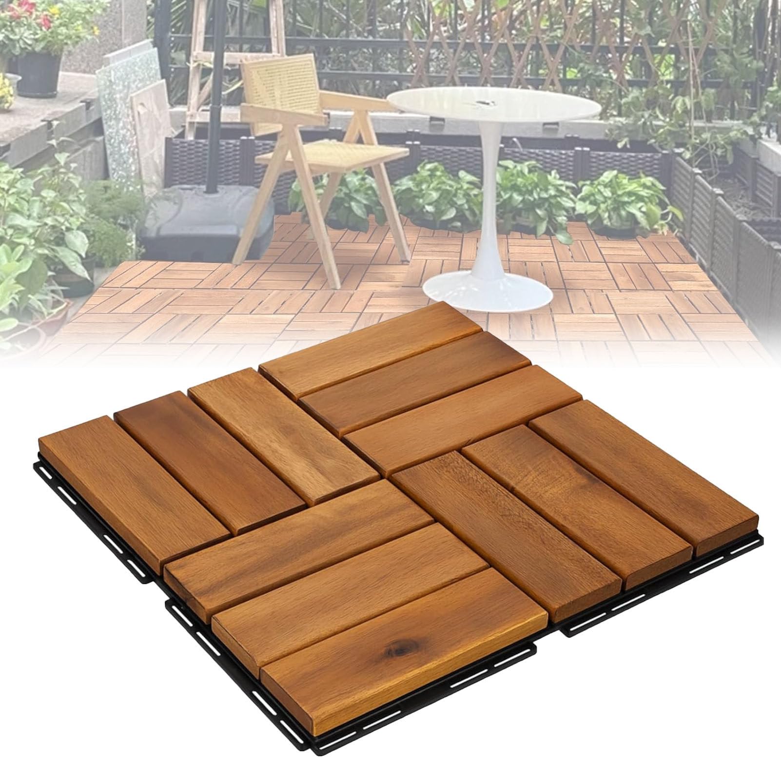 Piastrelle per pavimentazione in Legno di Acacia 12-Slat-12pc | Pavimentazione a incastro 30x30 cm per patio; piastrelle in legno duro resistente per giardino,balcone e spazi esterni