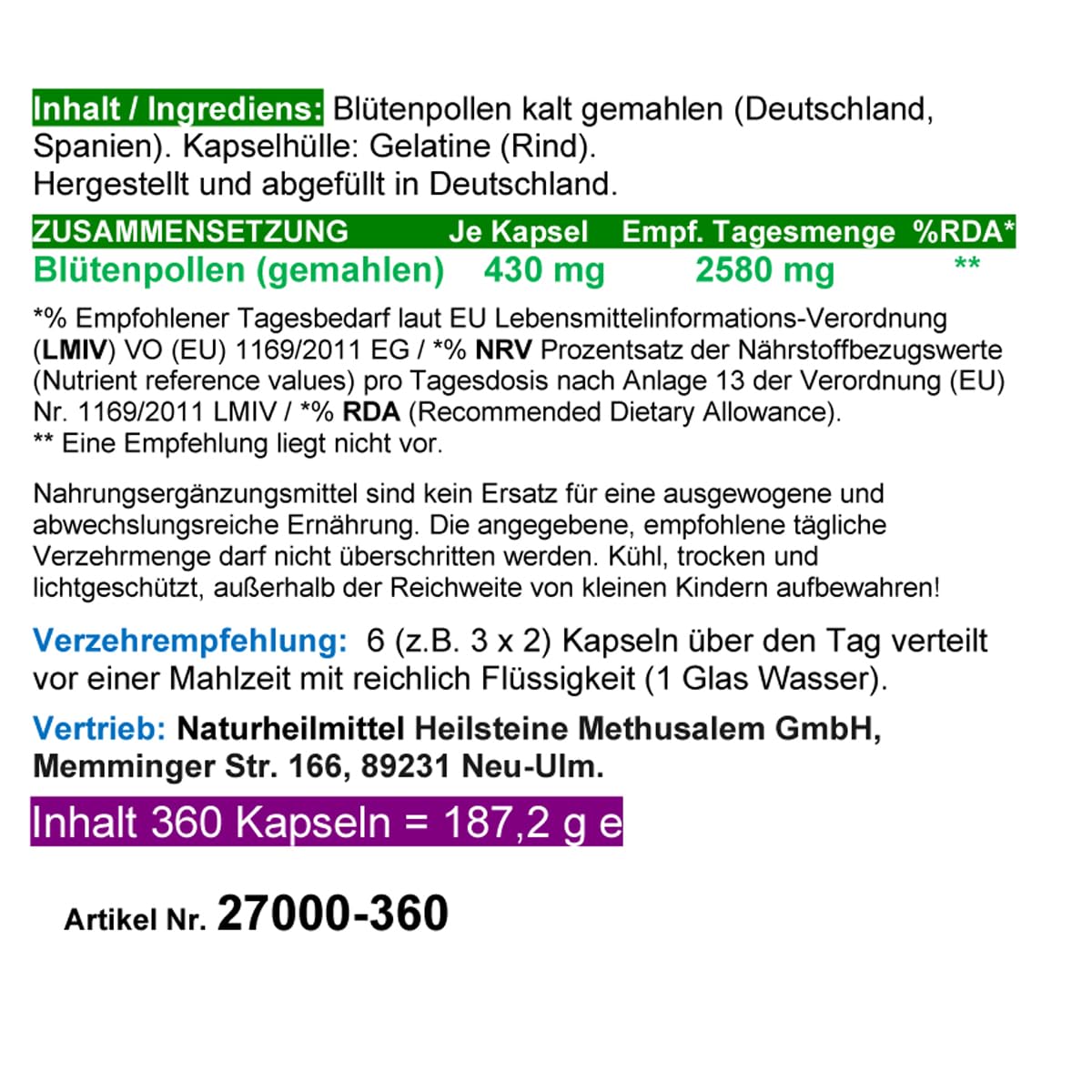 BLÜTENPOLLEN Bienenpollen 720 (2x360) Kapseln SUPERFOOD OHNE ZUSATZSTOFFE natürliche Vitamine, Mineralien, Antioxidantien. Reine Imkerpollen, Imkerqualität. Kalt vermahlen. 100% NATUR pur. 27000-6
