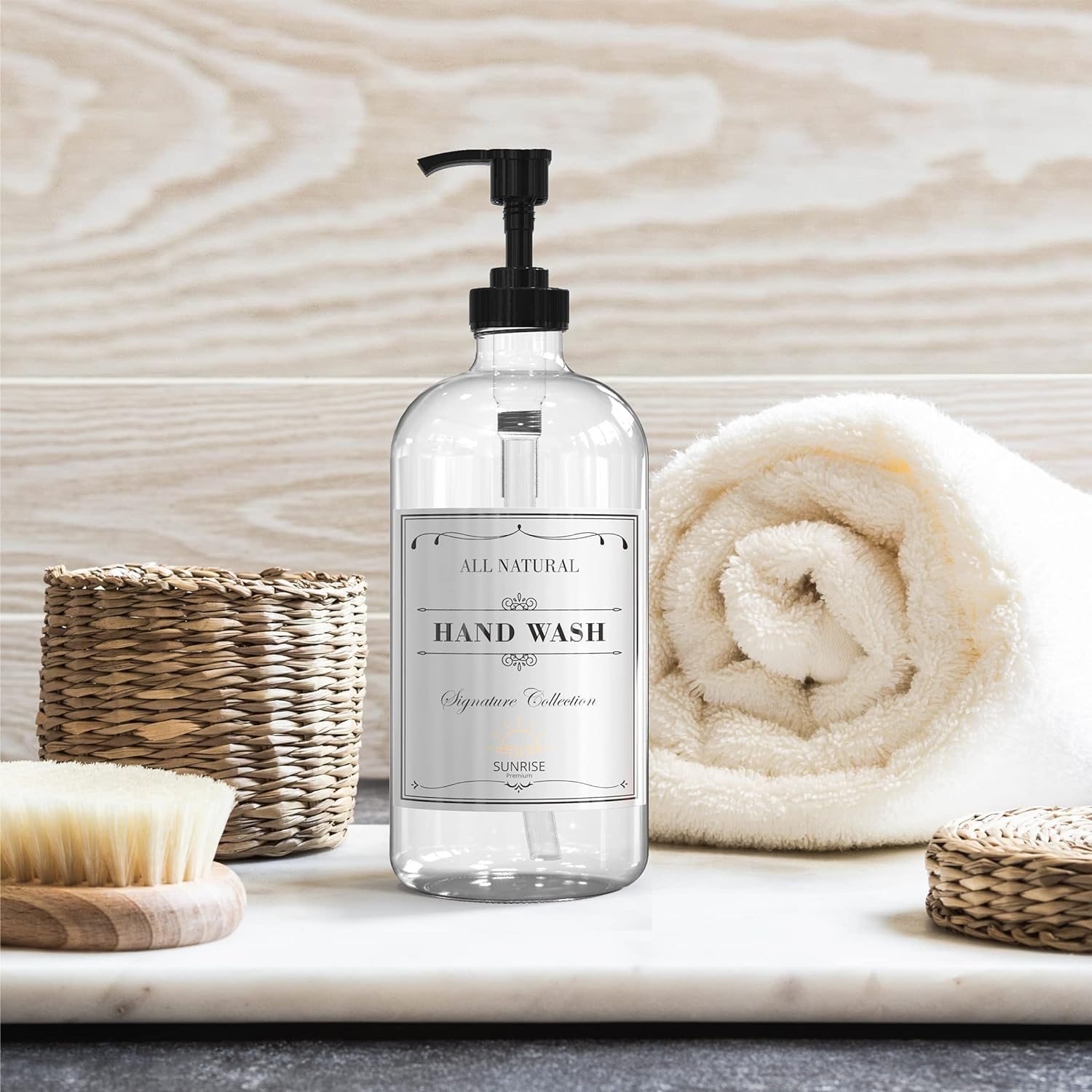 Sunrise Premium CGPP4 - Dispenser di sapone in vetro trasparente con pompa in plastica, dispenser per sapone per mani e piatti, per bagno, con 4 etichette impermeabili, confezione da 4