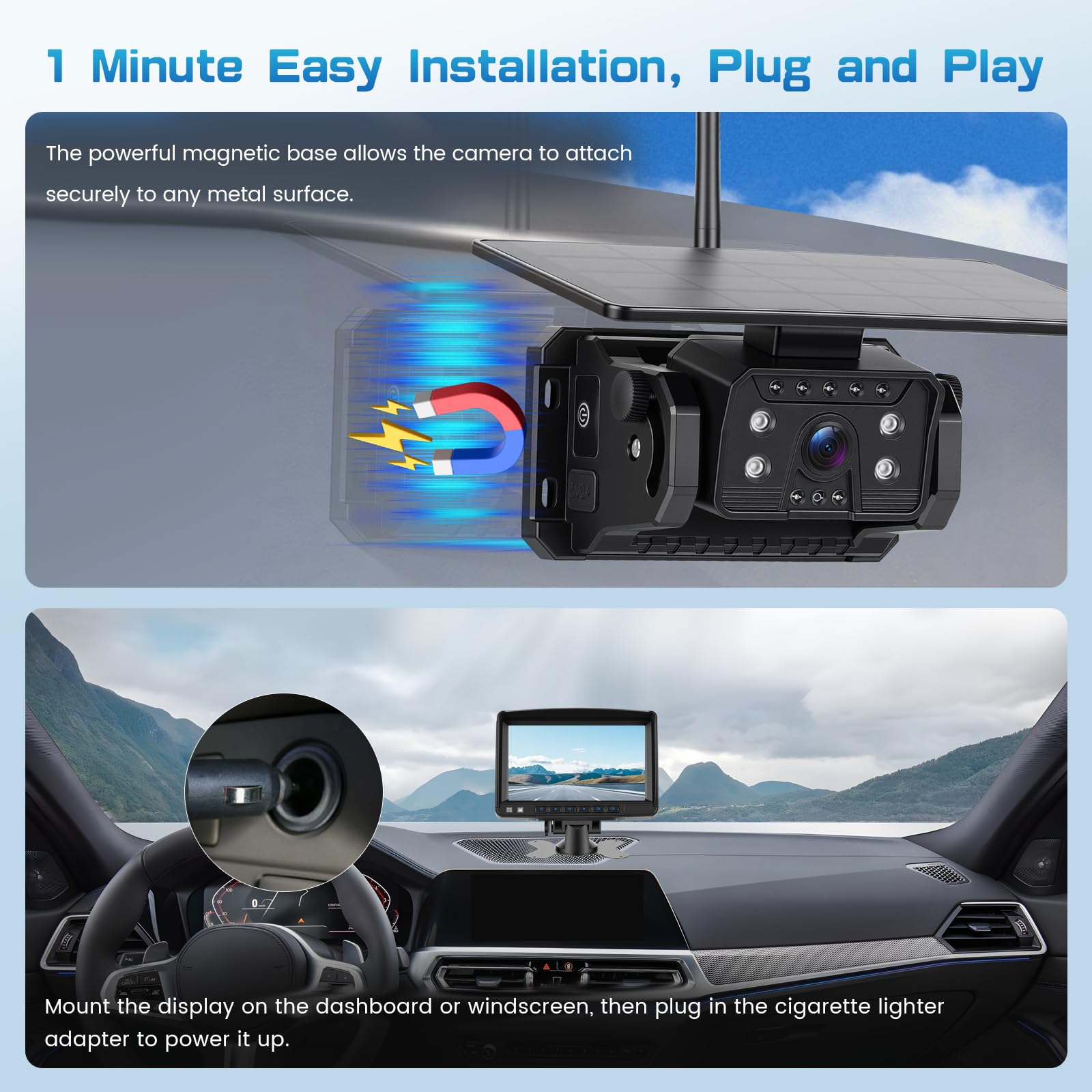 Hikity Display IPS da 7", Kit Telecamera Retromarcia Solare Wireless per Veicoli, Telecamera Magnetica IP69 Grandangolare Aiuto Parcheggio