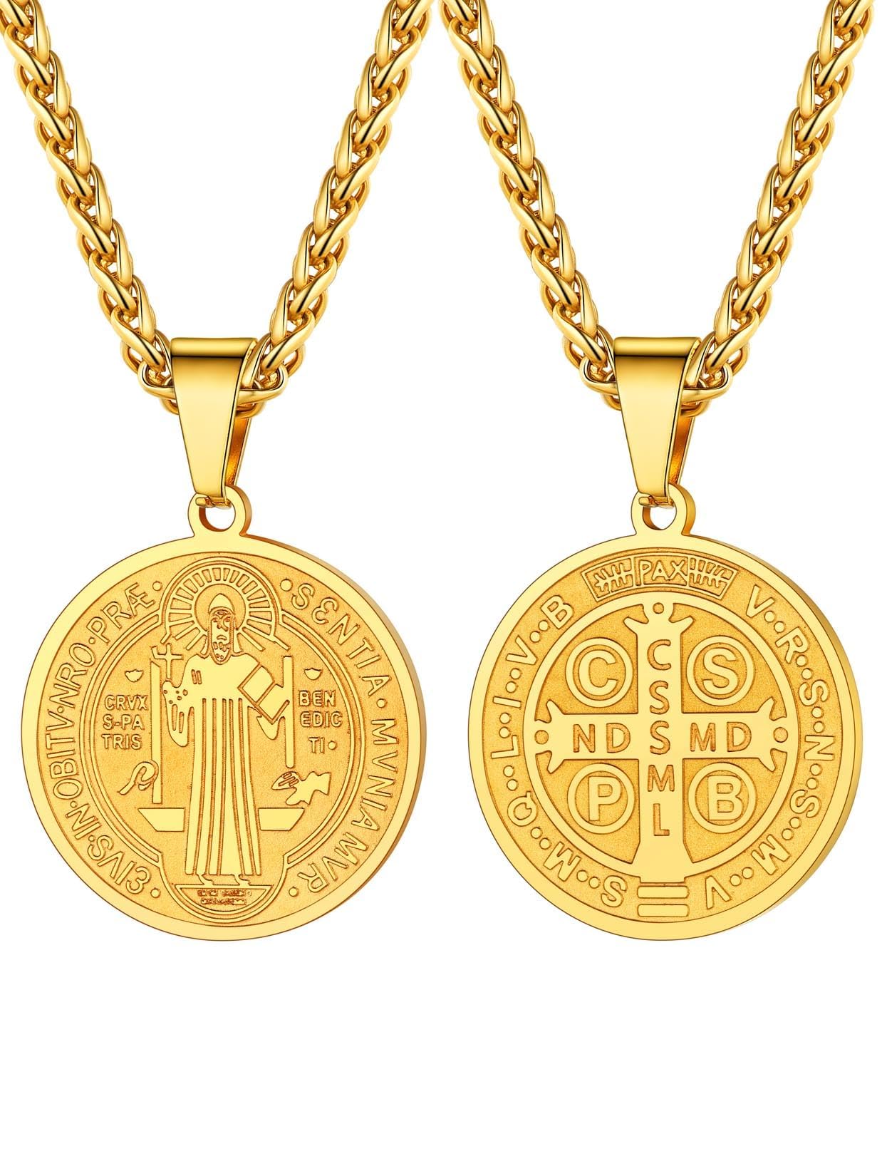 U7 Saint Benedict Medal Necklace for Men Women, Stainless Steel Catholic Pendant, Silver Gold st Crucifix Religious Protection Cross Jewellery for Faith Believers Christians, 22+2 Inches Wheat Chain