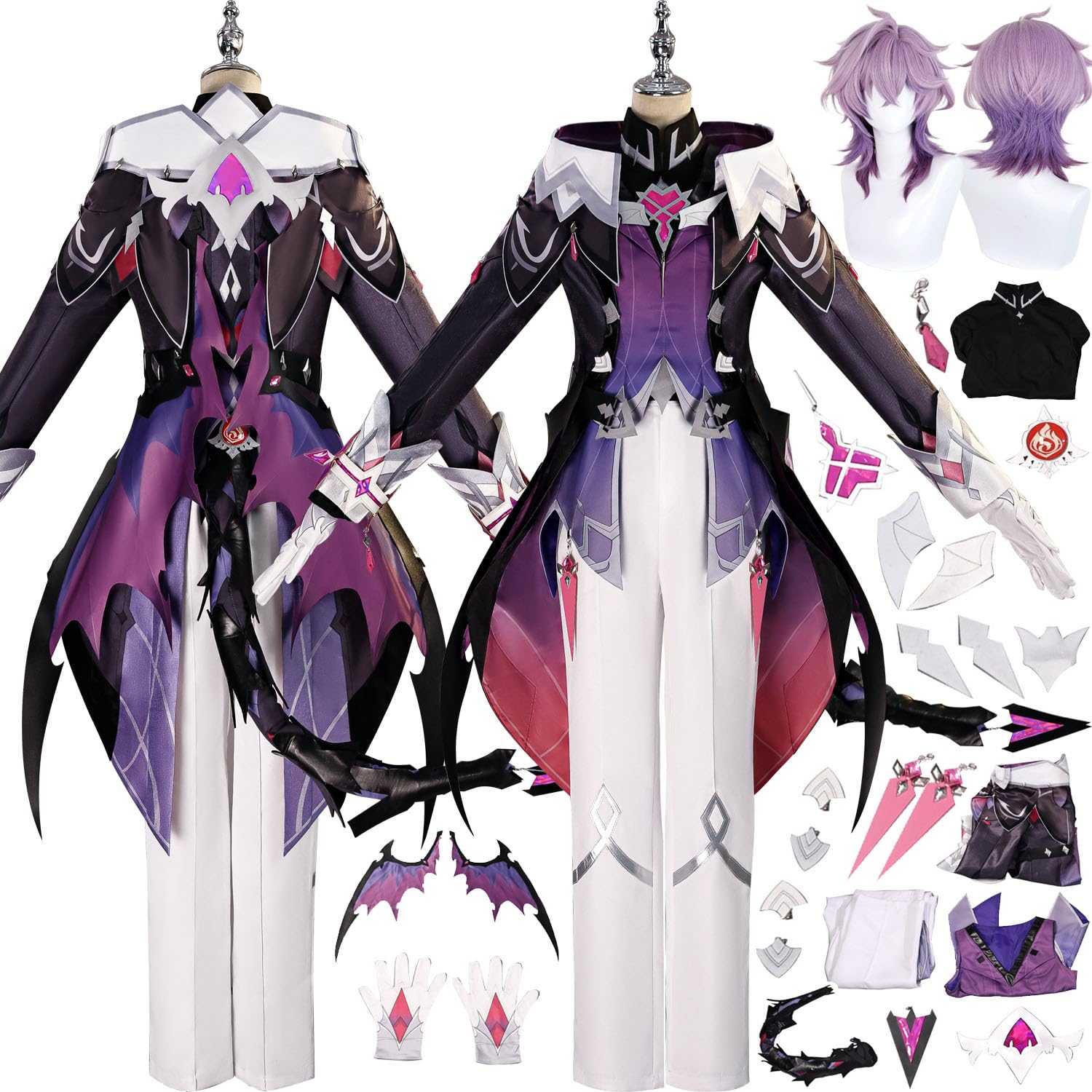 Spiel Charakter Durin Cosplay Kostüm Outfit Kinich Flins Rollenspiel Uniform Komplettes Set Halloween Party Karneval Dress Up Anzug mit Perücke Flügel Schwanz für Männer