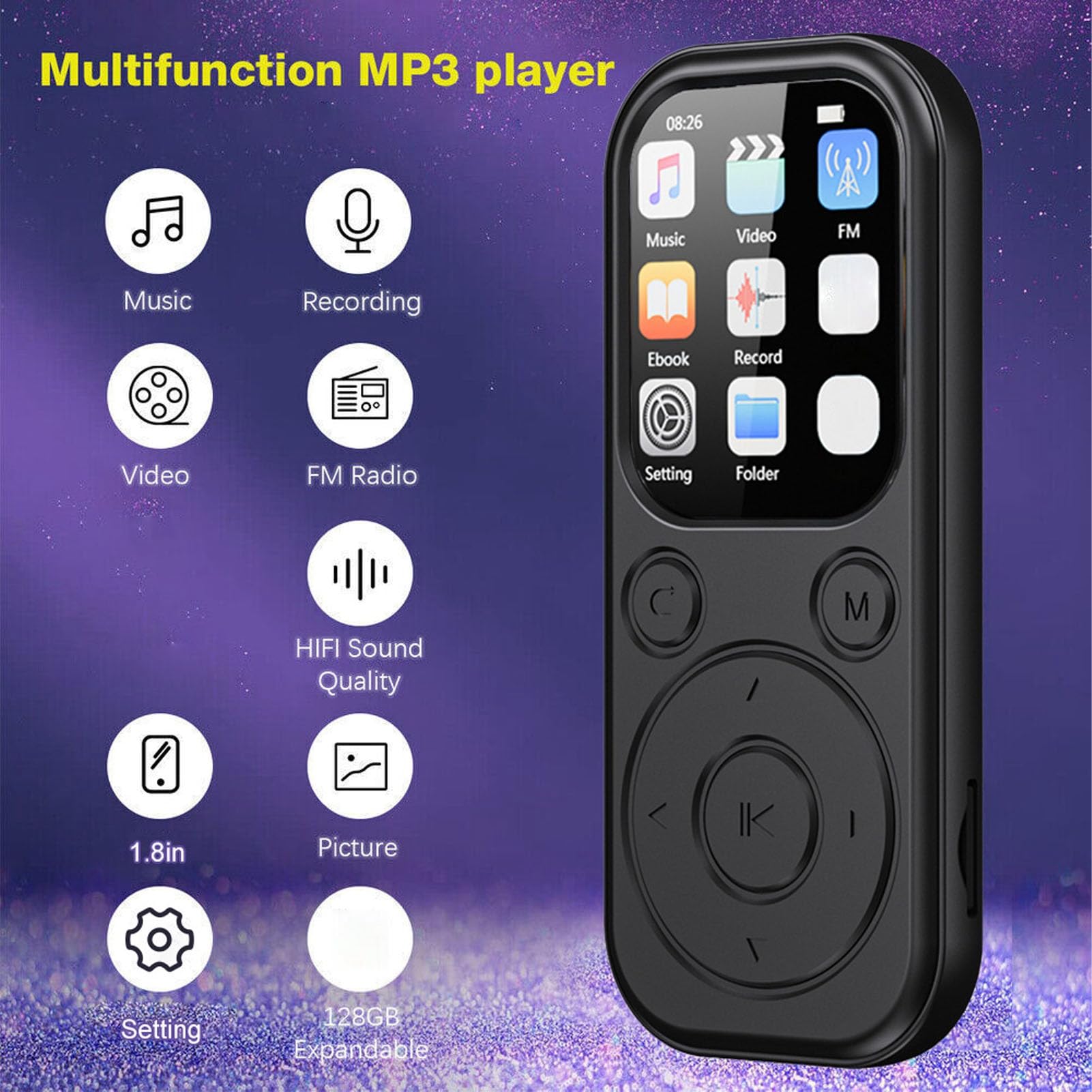VBESTLIFE Lettore MP3 Bluetooth 5.4 con Supporto per Scheda di Memoria da 128 GB Suono HiFi Lettore Musicale Portatile con Schermo da 2,01 Pollici (Con scheda di memoria 64G)