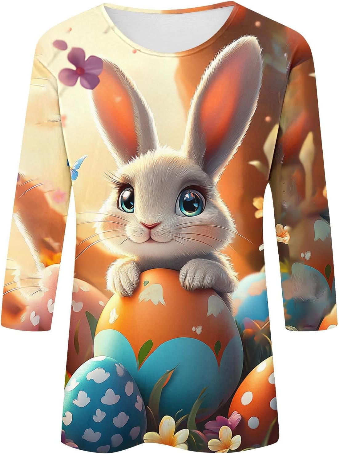 Casual Easter Print Round Neck Shirts for Women 3/4 Sleeve T-Shirt Loose Fit Spring Summer Holiday Pullover Top