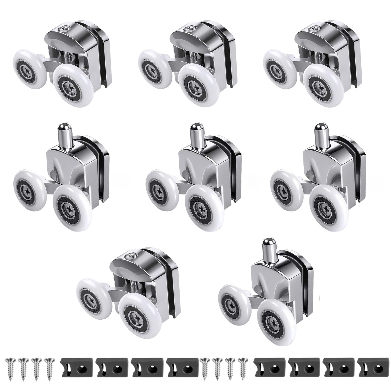 Duschtürrollen, gebogen, 23 mm, Aluminiumlegierung, oben und unten, für Duschglastüren, leiser Ersatz mit Anti-Kollisionspad und Schrauben, 8 Stück