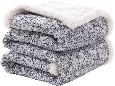 SE SOFTEXLY Throw Blanket, Reversible Sherpa Blanket with 30% Wool and 70% Cotton, Fuzzy Plush Fluffy Soft Blanket, Fall Winter Blanket for Couch Bed Sofa Chair Blue, 50" x 60"