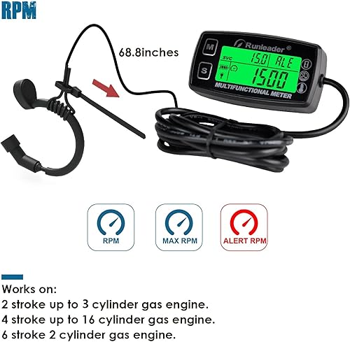 Miniatura 3 de Runleader Medidor digital de horas táctiles, medidor de temperatura del motor, RPM de alerta y temperatura, pantalla de retroiluminación