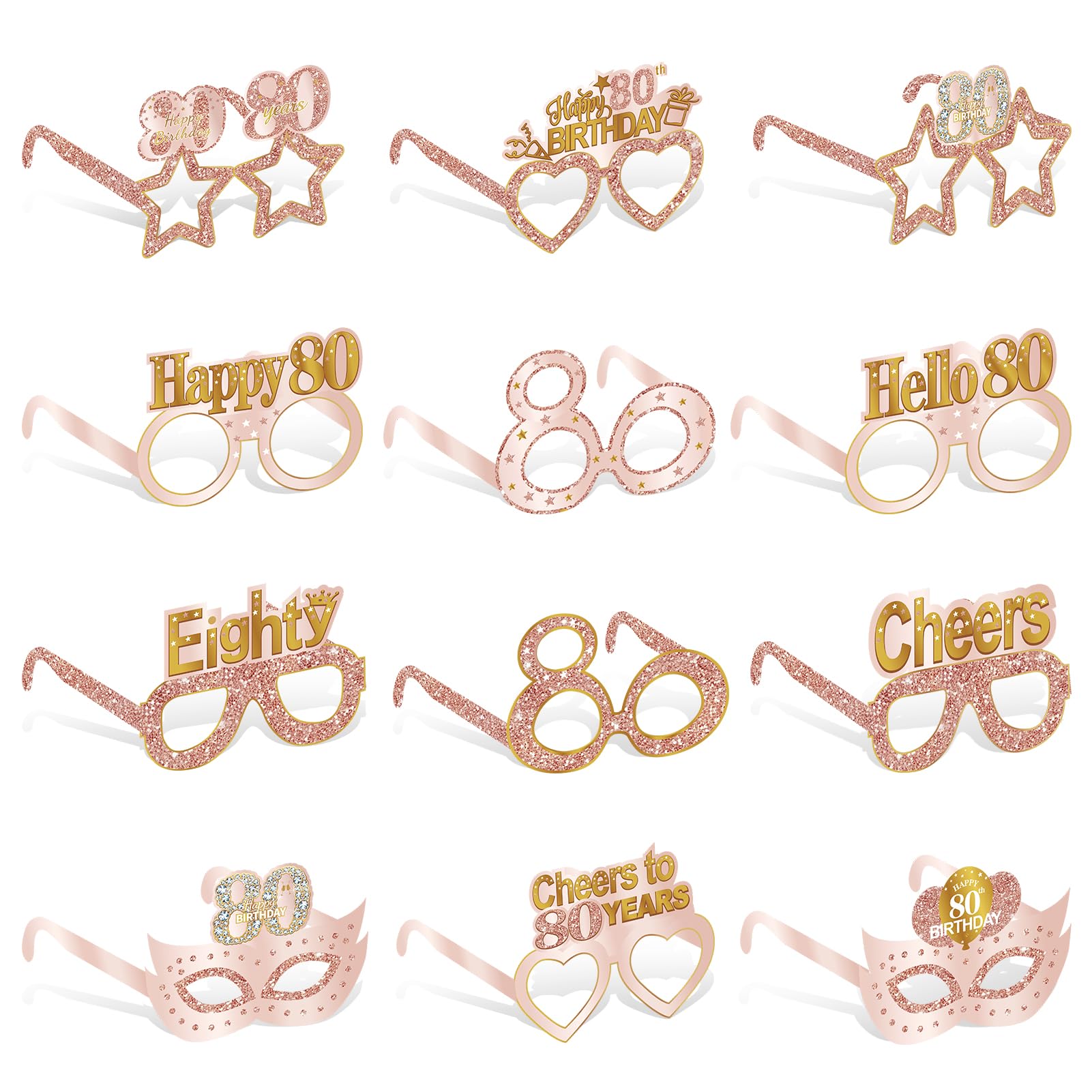 Guiruiy 24PCS 80th Birthday Eyeglasses Decorations for Women, Pink Rose Gold Happy 80th Birthday Paper Eyeglasses Party Supplies, Eighty Year Old Bday