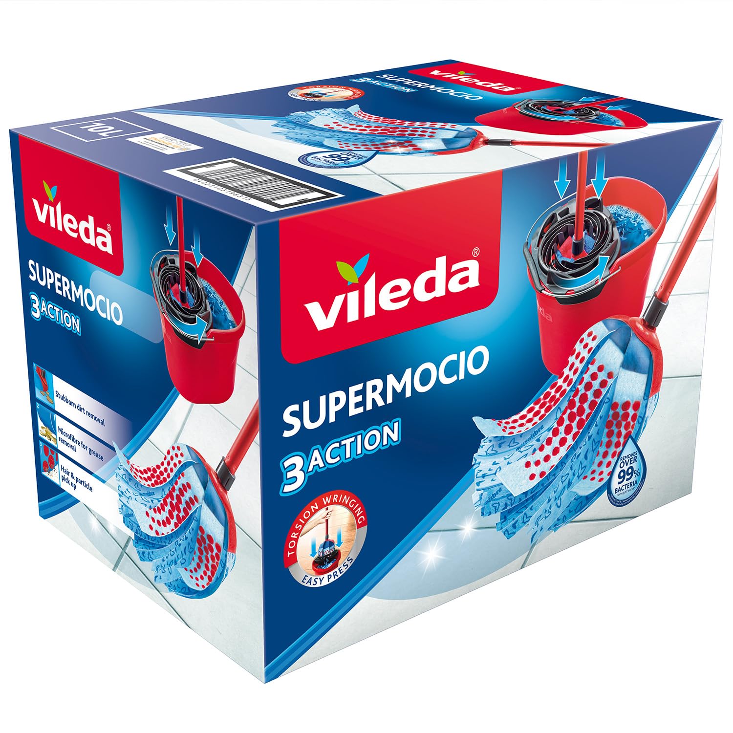 Vileda - SuperMocio Set Complet Seau essoreur + Balai à franges avec tête 3D Super mocio 3Action