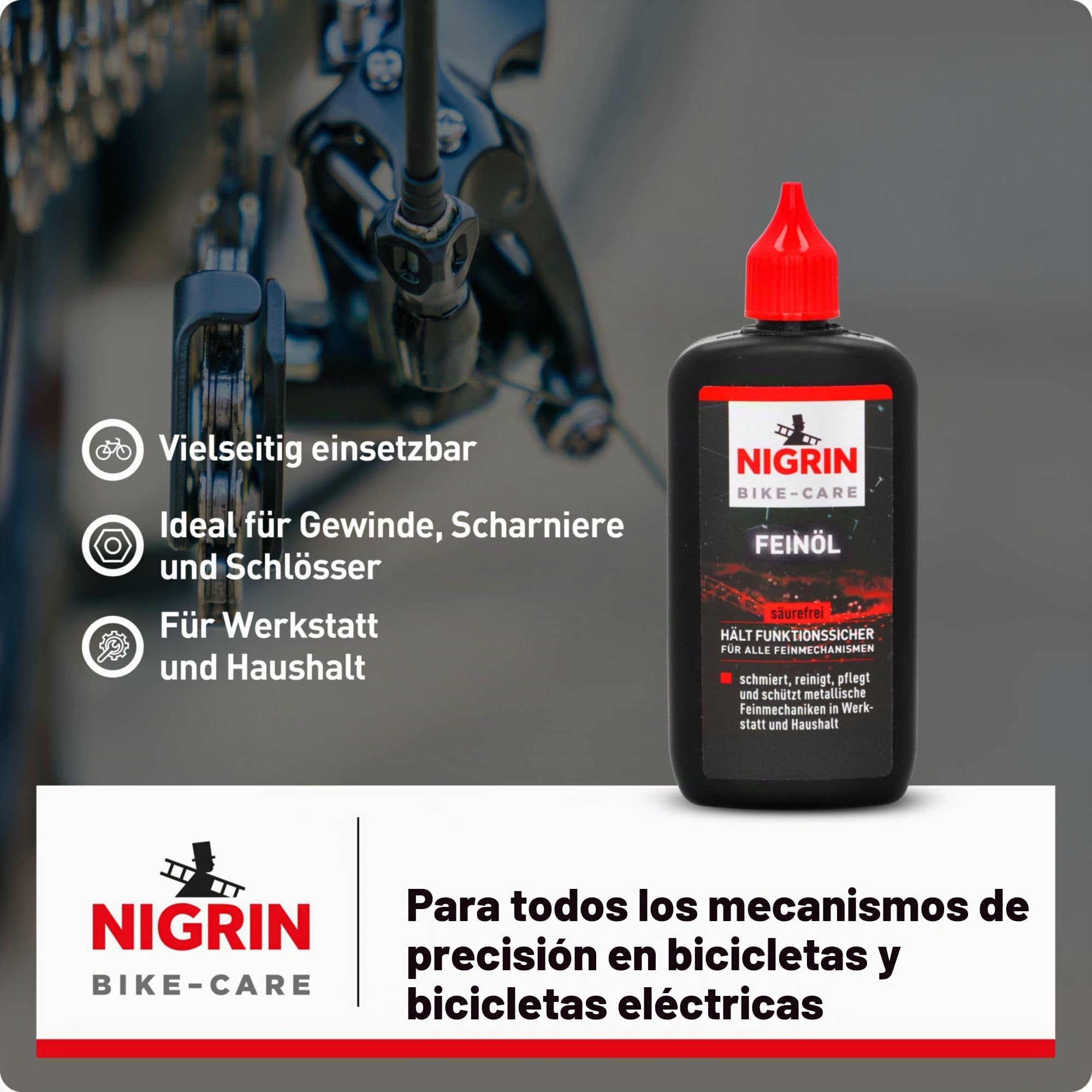 NIGRIN BIKE-CARE Aceite fino, botella de 100 ml, aceite para mecánica de precisión, para hobbies y talleres, sin resina ni ácidos, color gris