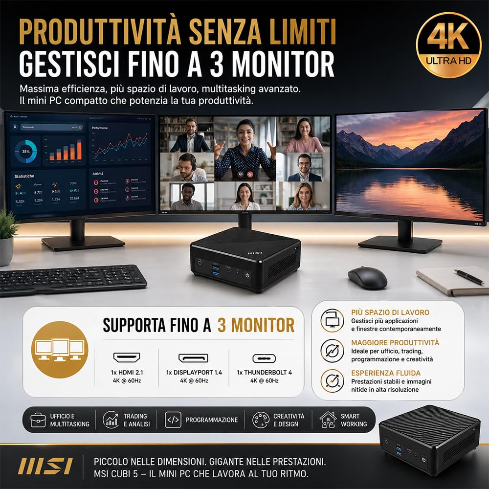 msi Cubi 5 Mini PC Fanless Intel Core 5 120U 16GB DDR5 SSD 256GB PCIe | Fino a 5GHz, Wi-Fi e Bluetooth, Doppia LAN, HDMI, USB-C, DisplayPort, Supporto 2 monitor, preconfigurato. Garanzia Italia