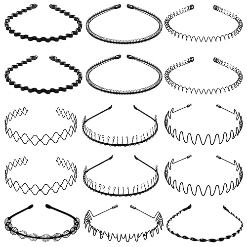 BOYIVI 15 diademas de metal para dientes a la moda, bandas onduladas negras, antideslizantes, unisex, bandas deportivas para el cabello al aire