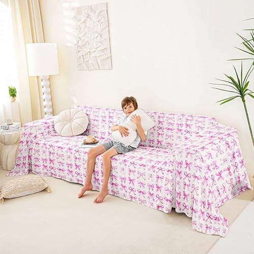 Vista 4 de Erosebridal Funda de sofá Kawaii de 71 x 102 pulgadas, con lazo de cinta, antideslizante, bonito color rosa, con lazo de princesa, protector de sofá