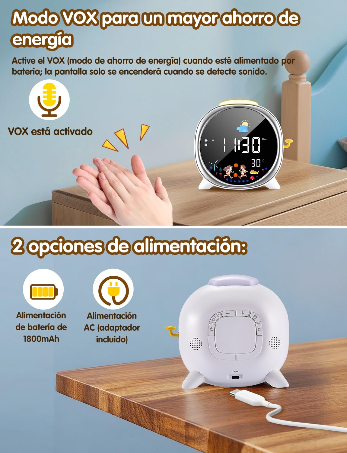 LIORQUE Despertador Infantil con luz Nocturna, Reloj Despertador Niños con Entrenamiento del Sueño, Alarmas Duales y Función Snooze, Modo Fin de Semana y Visualización de Temperatura