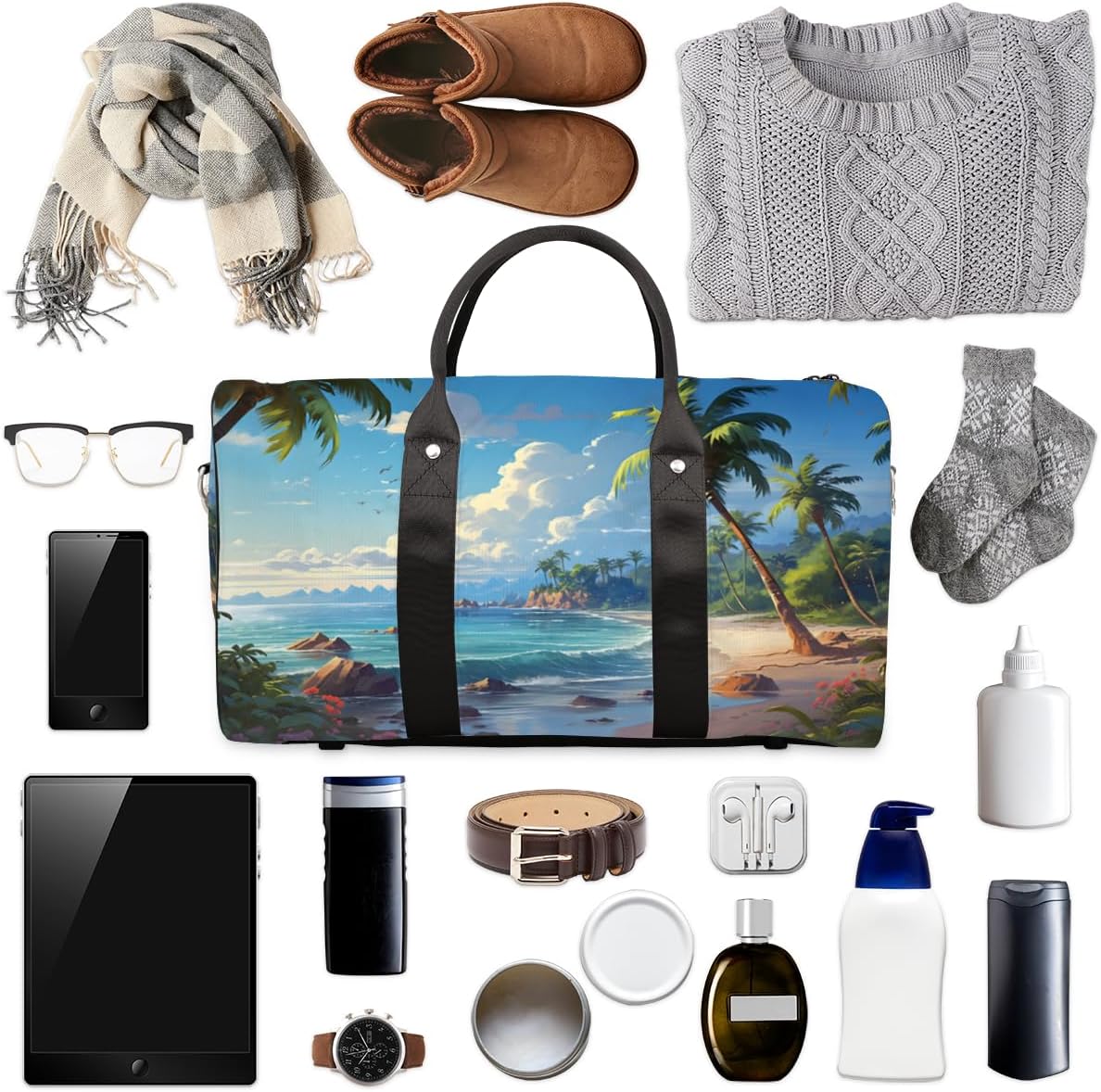 Hand Painted Coconut Island Ocean Landscape Travel Duffel Bag for Women Men Large Capacity Overnight Weekender Bags for Lightweight Waterproof Sport Gym Bag for Workout Yoga Swim