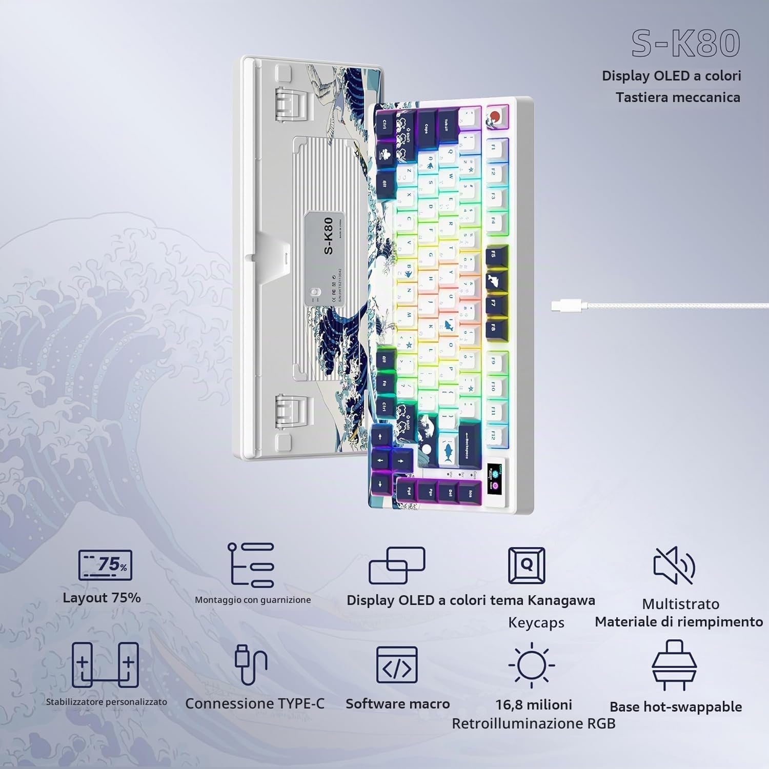 SK80 Tastiera meccanica da gioco 75% - Retroilluminazione LED compatta USB C, hot swap, tema Kanagawa, montaggio con guarnizione RGB personalizzata per Mac/Win, bianco