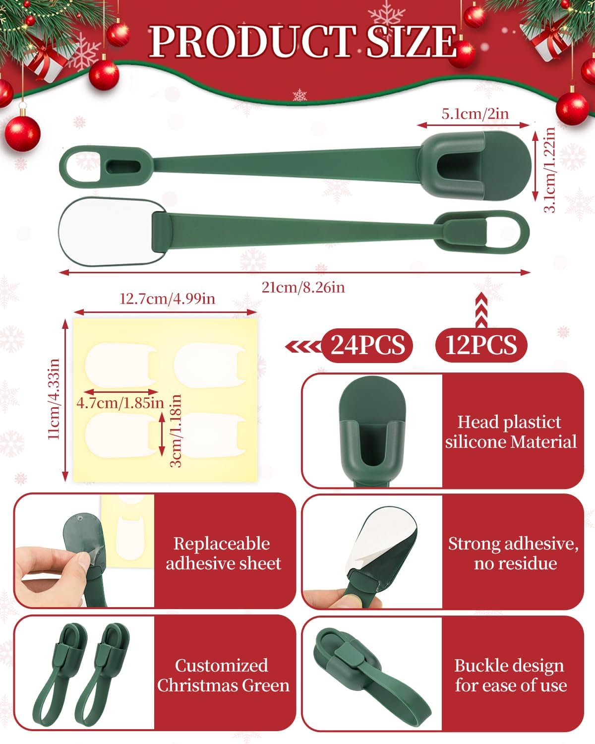 12 PCS Christmas Garland Hangers for Mantle with 24 Adhesive Pads | Reusable Silicone-plastic Hooks for Fireplace Stocking & Wreath, No-Drill Garland Holder for Door Frame, Banister Decoration