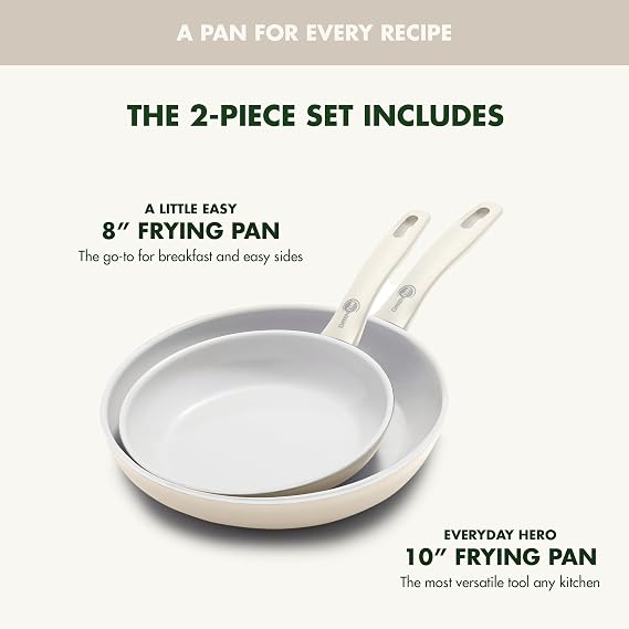 GreenPan Dover 8 10 2 Piece Frying Pan Skillet Set, Non-Toxic PFAS-Free Ceramic Nonstick Coating, Sear Saute Fry Egg Omlete, Dishwasher & Oven Safe, Stay Cool Handle, Easy Pour Rims, Cream White
