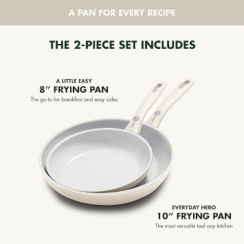 GreenPan Dover 8 10 2 Piece Frying Pan Skillet Set, Non-Toxic PFAS-Free Ceramic Nonstick Coating, Sear Saute Fry Egg Omlete, Dishwasher & Oven Safe, Stay Cool Handle, Easy Pour Rims, Cream White