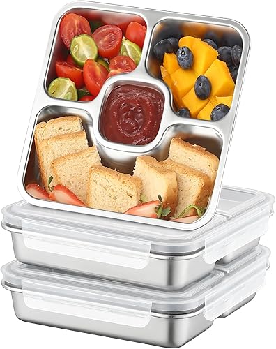 Recipientes de acero inoxidable con tapas, paquete de 4 recipientes para preparar comidas, reutilizables, para adultos, divididos, apilables, Bento