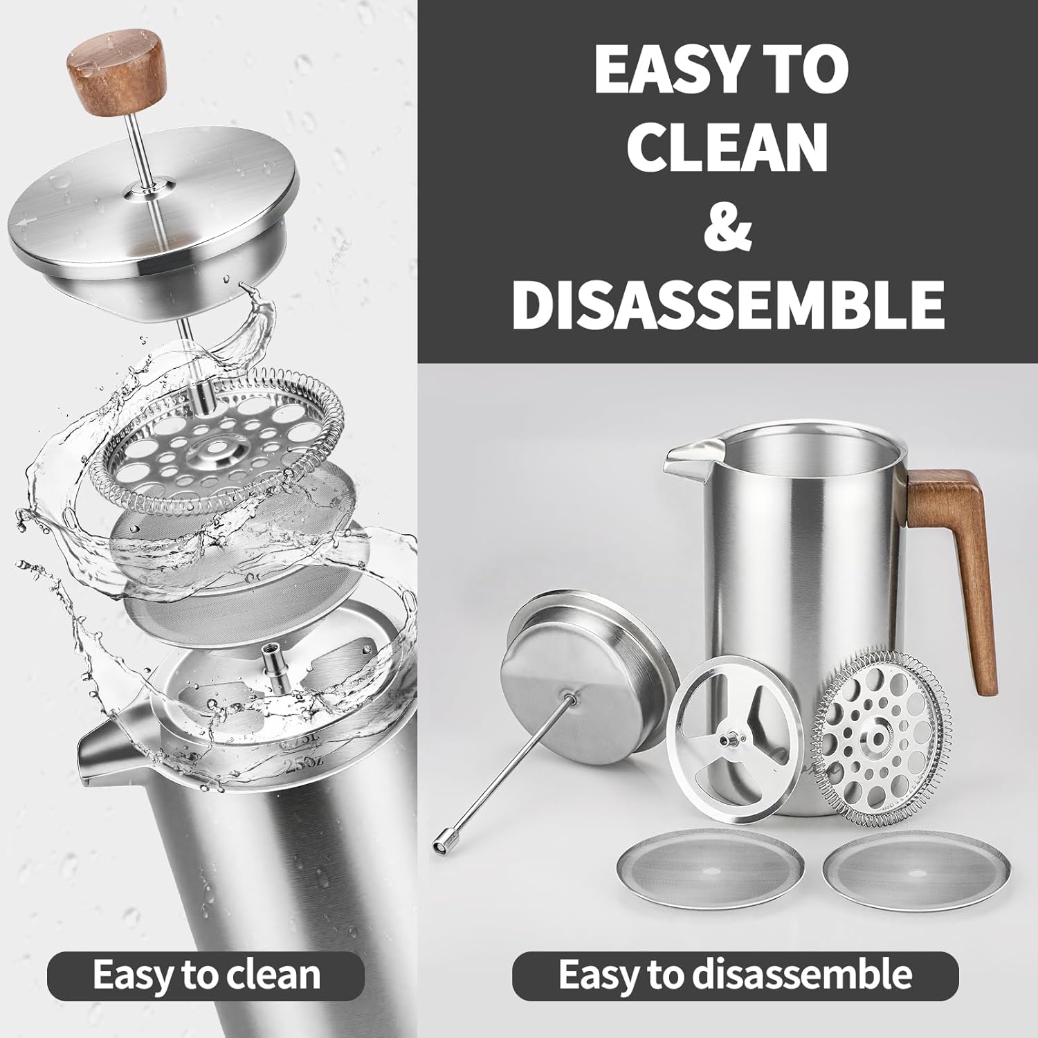French Press Coffee Maker, 34oz Stainless Steel Coffee Press Real Wood Handle, Double Wall Insulated French Coffee Press with Dual-Filter Screen, Perfect for Camping & Kitchen Use