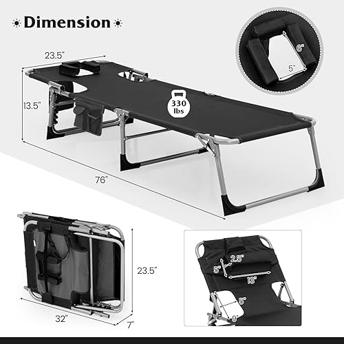 Miniatura 18 de LUARANE - Silla de descanso plegable para exteriores, silla de bronceado ajustable con agujero facial y almohada extraíble, reposacabezas y correa