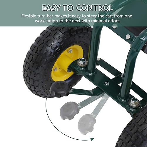 Miniatura 3 de kinbor Carrito de jardín rodante  Patinete de jardín para patio al aire libre, asiento de trabajo de jardinería con asiento ajustable, bandeja,