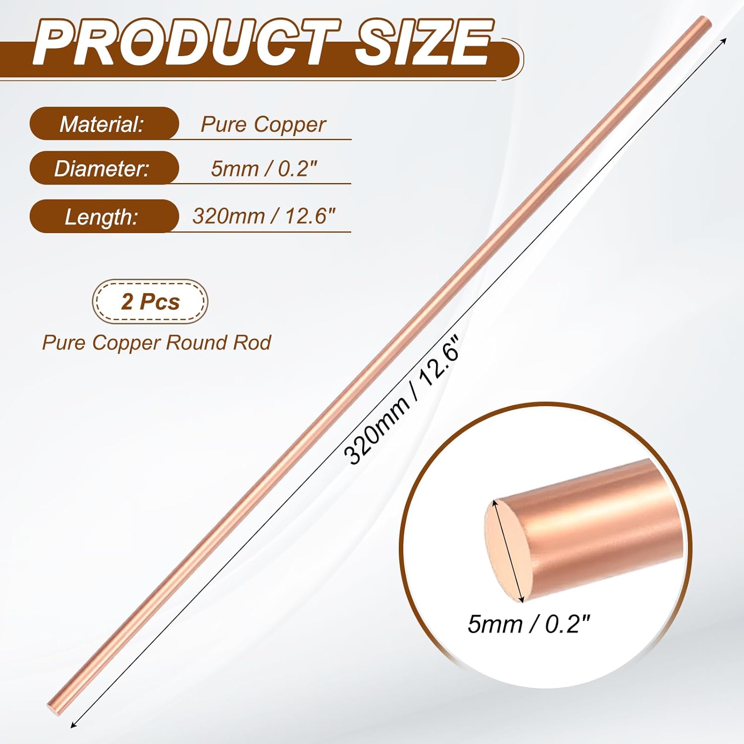 PATIKIL 2Pcs 99.99% Pure Copper Round Rod, 5mm / 0.2" Dia 12.6" Length Bare Copper cu Metal Rod Lathe Bar Stock for DIY Metal Craft Hobbies Gardening Industry Decoration
