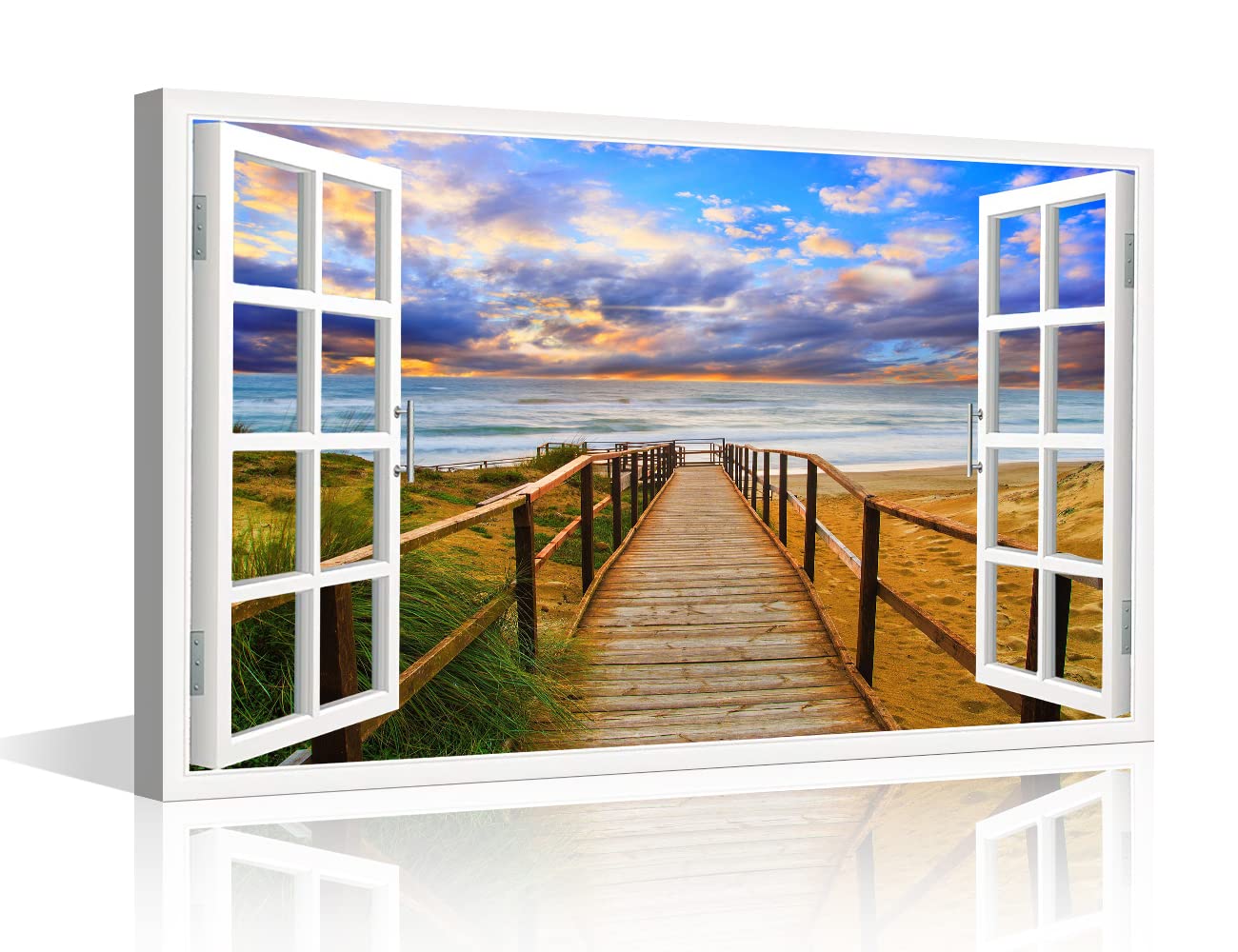 Canvas Wall Art The Pier Leading to the Coast Landscape Wall Painting Window View Modern Artwork Natural Scenery Pictures Home Decorations for Living Room and Bathroom Framed Ready to Hang (24"Wx16"H)