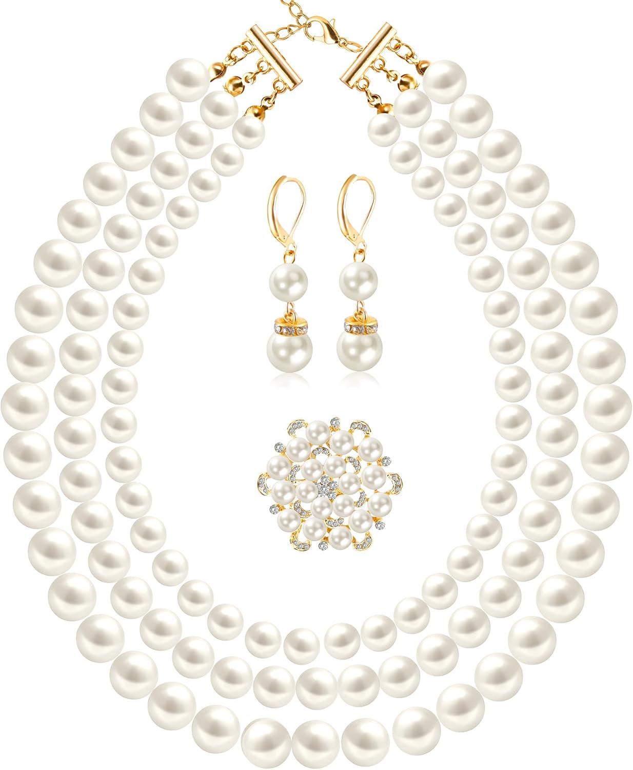 Pearl Jewelry Set for Women Faux Pearl Costume Jewelry Set with Necklace, Bracelets, Ring, Earrings for Wedding Bridal Birthday Tea Party
