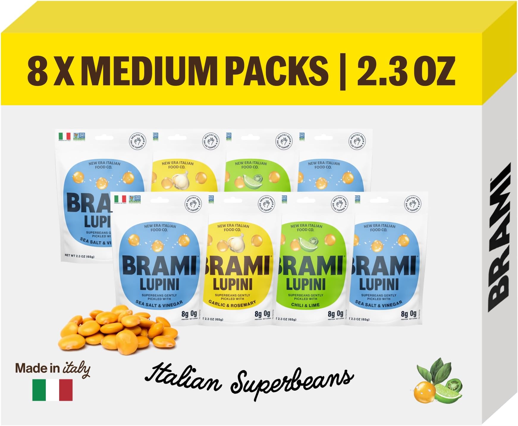 Brami Lupini Beans Snack, Variety | 9g Plant Protein, 0g Net Carbs | Vegan, Vegetarian, Keto, Mediterranean Diet | 2.3 Ounce (Pack of 8)