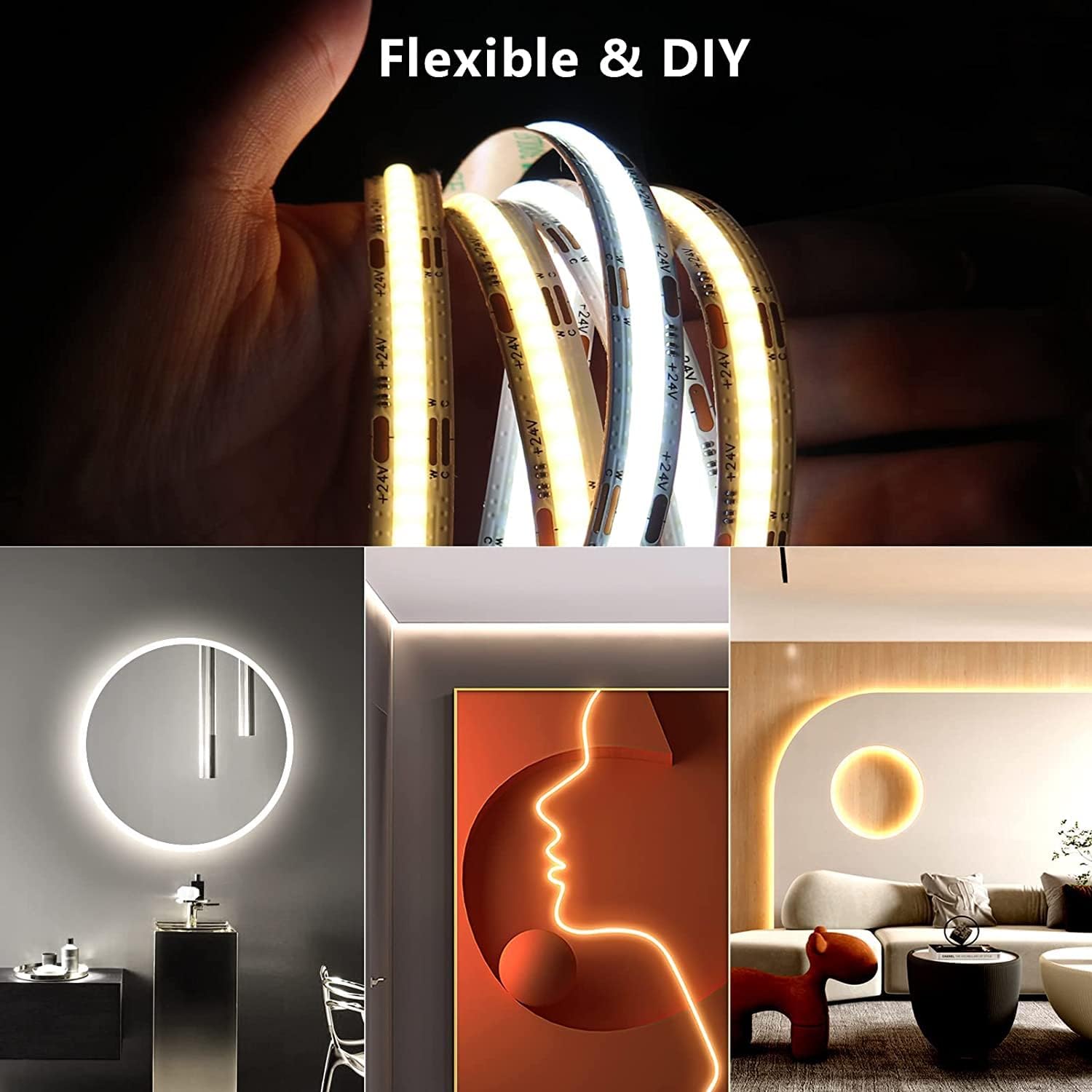 JINABLOSSY 24V Striscia LED COB 10M Bianco Naturale 4000K CRI 93+ Alta Densità 3200 LEDs Alta Luminosità Luci LED per Soggiorno Natale Bar Decorazioni(Solo Striscia)