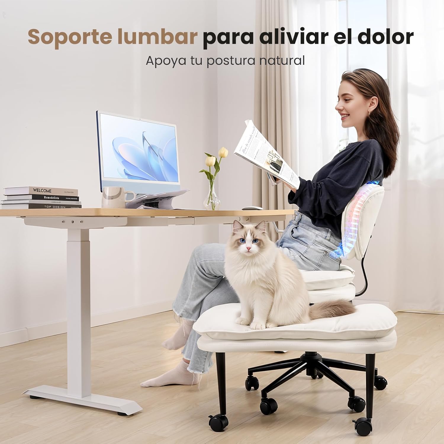 Cross Legged Office Chair, Ergonomic Kneeling Chair, Cloud Criss Cross Desk Chair, 360° Swivel Adhd Meditation Chair with Ajustable Height and Back Support, White White Ribbed PU Leather Chair