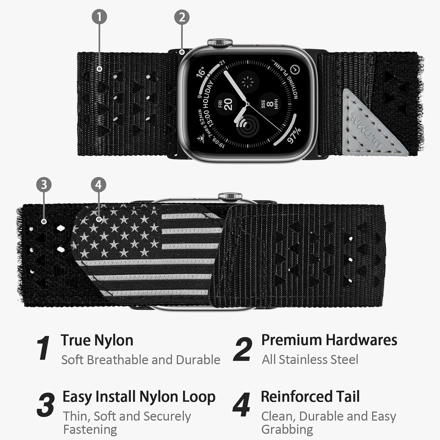 ULTIMAL Band Compatible with Apple Watch 49mm/45mm/44mm/42mm, Wide Loop Nylon Sports Strap, Hollow Out Breathable Design for iWatch Series 9/8/7 6/5/4/SE/SE2 3/2/1 Ultra 2/1 (49mm/45mm/44mm/42mm XL,