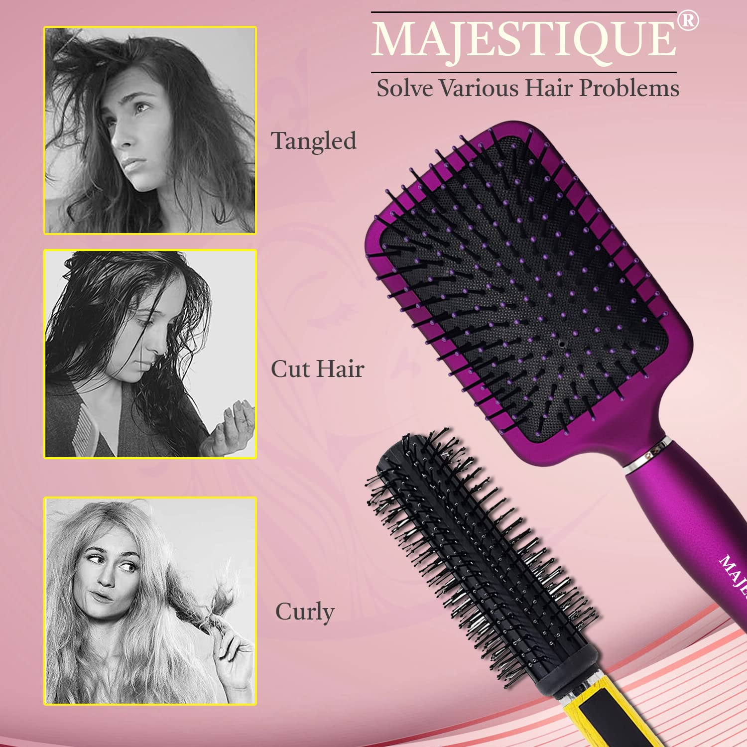 Majestique Hair Brush Set, Paddle Hair Brush, Round Hair Brush for Blow Drying Men and Women, Great On Wet or Dry Hair, No More Tangle Hairbrush for Long Thick Thin Curly Natural Hair-Purple 2